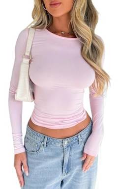 Skimmings Dupes Langarm-Shirt Tops Damen Y2k Eng Skinny Slim Fitted Tee Einfarbig Basic Crop Top Pullover T-Shirt, Skiims Dupe 2023 Rosa, Klein von Amiblvowa