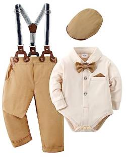 Amisssz Baby Jungen Gentleman Anzug, 4tlg Kinder Hochzeit Festlich Taufe Strampler mit Bowtie Hemden + Hosenträger Overalls Beige 0-3 Monate von Amissz