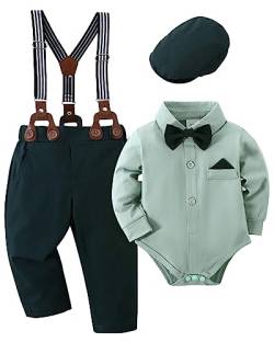 Amisssz Baby Jungen Gentleman Anzug, 4tlg Kinder Hochzeit Festlich Taufe Strampler mit Bowtie Hemden + Hosenträger Overalls Grün 0-3 Monate von Amissz