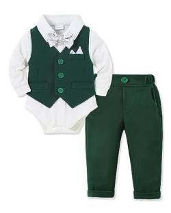 Amissz Baby Junge Anzug Taufe, Neugeborenen Taufanzug Hochzeitsoutfit Partei Babykleidung Strampler + Bowtie + Vest + Pants Set Grün 12-18 Monate von Amissz