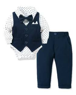 Amissz Baby Junge Anzug Taufe, Neugeborenen Taufanzug Hochzeitsoutfit Partei Babykleidung Strampler + Bowtie + Vest + Pants Set Marineblau 3-6 Monate von Amissz