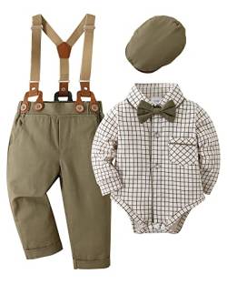 Amissz Baby Jungen Anzug Bekleidungssets, 4tlg Hochzeit Festliche Taufanzug Strampler mit Fliege+ Langarm Hemd + Hosenträger Hosen Grün, 0-3 Monate von Amissz