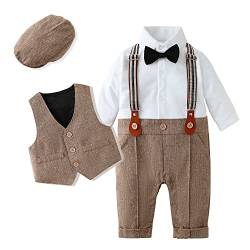 Amissz Baby Jungen Bekleidungssets 3tlg Strampler + Weste + Hut Fliege Krawatte Gentleman Set Baby Taufe Anzug - Braun - Größe 6/9 Monate von Amissz