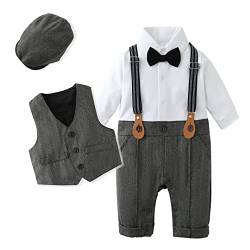 Amissz Baby Jungen Bekleidungssets 3tlg Strampler + Weste + Hut Fliege Krawatte Gentleman Set Baby Taufe Anzug - Grau - Größe 9/12 Monate von Amissz