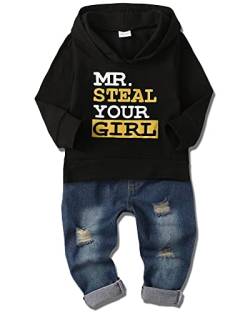 Amissz Babykleidung Set für Baby Jungen Kleidung Outfit, Kinder Jungen Lange Ärmel Brief Print Kapuzenpullover Top + Jeans Hose Bekleidung Schwarz 18-24 Monate von Amissz