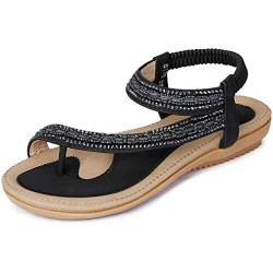 Amissz Damen Sommer Sandalen Bohemian Strass Flach Sandaletten Sommer Strand Schuhe Damen Zehentrenner Stil 1 Schwarz 41 EU von Amissz