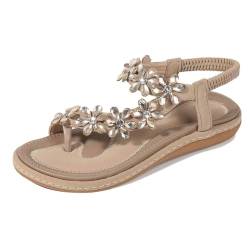 Amissz Damen Sommer Sandalen Bohemian Strass Flach Sandaletten Sommer Strand Schuhe Damen Zehentrenner Stil 2 Aprikose 41 EU von Amissz