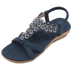 Amissz Sandalen Damen Sommer Flache Schuhe Bequeme mit Rutschfestem Freizeit Strand Zehentrenner Kleid Knöchel Elastisch Offene Zehe Strass Bohemian Stil 3 Marineblau 40EU von Amissz