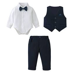 Baby Jungen Bekleidungsset Anzug, Kleinkind Gentleman Langarm Strampler Hemd + Hose + Weste + Fliege Festliche Taufe Hochzeit (Blau, 9-12 Monate) von Amissz
