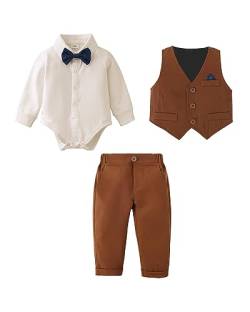 Baby Jungen Bekleidungsset Anzug, Kleinkind Gentleman Langarm Strampler Hemd + Hose + Weste + Fliege Festliche Taufe Hochzeit (Braun, 3-6 Monate) von Amissz