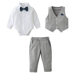 Baby Jungen Bekleidungsset Anzug, Kleinkind Gentleman Langarm Strampler Hemd + Hose + Weste + Fliege Festliche Taufe Hochzeit (Grau, 6-9 Monate) von Amissz