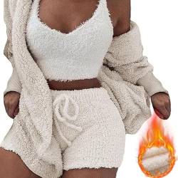 Amiweny Cozy Pajama Set,The Cozy Knit Set 3 Pieces,Womens Pajamas Long Sleeved Fluffy Hoody,Warm Hooded Cardigan Crop Top Shorts Set (Beige White,M) von Amiweny