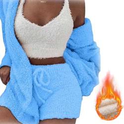 Amiweny Cozy Pajama Set,The Cozy Knit Set 3 Pieces,Womens Pajamas Long Sleeved Fluffy Hoody,Warm Hooded Cardigan Crop Top Shorts Set (Blue,S) von Amiweny
