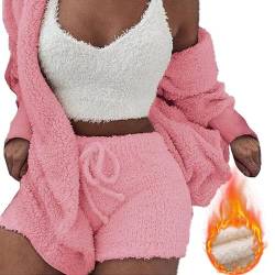 Amiweny Cozy Pajama Set,The Cozy Knit Set 3 Pieces,Womens Pajamas Long Sleeved Fluffy Hoody,Warm Hooded Cardigan Crop Top Shorts Set (Pink,L) von Amiweny
