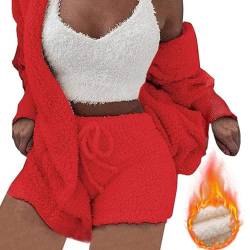 Amiweny Cozy Pajama Set,The Cozy Knit Set 3 Pieces,Womens Pajamas Long Sleeved Fluffy Hoody,Warm Hooded Cardigan Crop Top Shorts Set (Red,L) von Amiweny