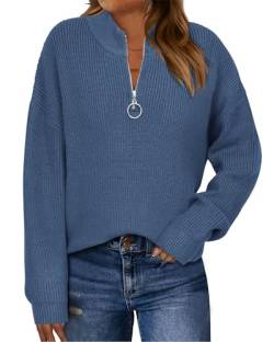 Amkoyam Damen-Pullover, langärmelig, halber Reißverschluss, lässig, einfarbig, gestrickt, lockerer Pullover (Stil 4, einfarbig, Graublau, Größe M), Style4 - Solid Grey Blue, Mittel von Amkoyam