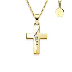 Kreuz Kette Mädchen Gold (Silber 925 vergoldet) | Kreuz-Anhänger Halskette mit Zirkonia | Kinder-Schmuck Erst-Kommunion Tauf-Geschenk Konfirmation Firmung Geburt Taufe | Goldkette Kreuzkette Taufkette von Amoonic