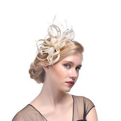 Amorar Damen Fascinator Hair Clip Hut Bankett Hut Stirnband Feder Blume Schleier Bowler Braut Hut für Cocktail Hochzeit (Beige) von Amorar