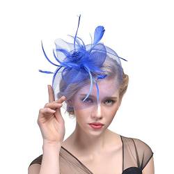 Amorar Damen Fascinator Hair Clip Hut Bankett Hut Stirnband Feder Blume Schleier Bowler Braut Hut für Cocktail Hochzeit (Blau) von Amorar