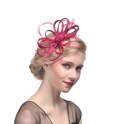 Amorar Damen Fascinator Hair Clip Hut Bankett Hut Stirnband Feder Blume Schleier Bowler Braut Hut für Cocktail Hochzeit (Rose Rot) von Amorar