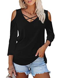 AMORETU Damen Sommer-beiläufige Criss Cross Cold Shoulder Tops t Shirts Medium Schwarz von Amoretu