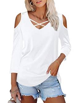 AMORETU Damen v-Ausschnitt 3/4 Langarm Cold Shoulder Tops t-Shirt blusen x-Large weiß von Amoretu