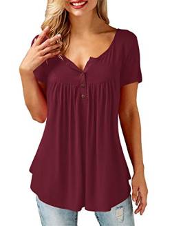 AMORETU T-Shirt Damen V-Ausschnitt Knopfleiste Bluse Solide Tunika Sommer Tops , Kurzarm-burgund, L/DE 46-48 von Amoretu