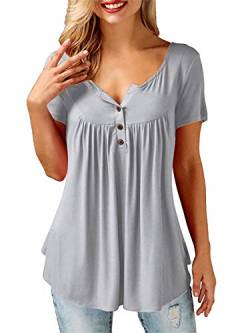 AMORETU T-Shirt Damen V-Ausschnitt Knopfleiste Bluse Solide Tunika Sommer Tops , Kurzarm-grau, M/DE 42-44 von Amoretu