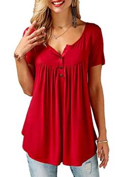 AMORETU T-Shirt Damen V-Ausschnitt Knopfleiste Bluse Solide Tunika Sommer Tops , Kurzarm-rot, M/DE 42-44 von Amoretu