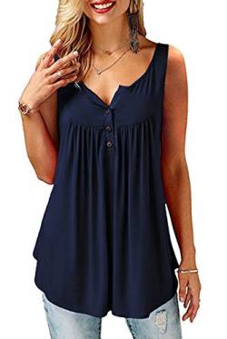 AMORETU T-Shirt Damen V-Ausschnitt Knopfleiste Bluse Solide Tunika Sommer Tops , Tanktop-blau, XL/DE 50-52 von Amoretu