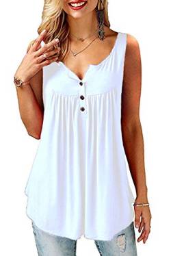 AMORETU T-Shirt Damen V-Ausschnitt Knopfleiste Bluse Solide Tunika Sommer Tops , Tanktop-weiß, XL/DE 50-52 von Amoretu