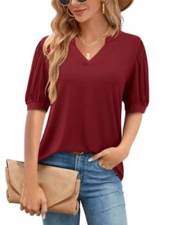 Amoretu Bluse Damen Kurzarm Elegant Tshirt Lässig V Ausschnitt Tunika Tops Weinrot XXL von Amoretu