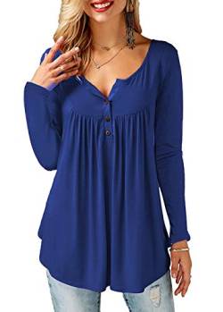 Amoretu Damen Bluse V-Ausschnitt Knopfleiste Langramshirt Tunika Top Blau L von Amoretu