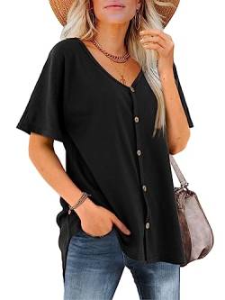 Amoretu Damen Bluse V-Ausschnitt Kurzarm Shirt Lose Waffelstrick Knopfleiste Top, Schwarz, Small von Amoretu