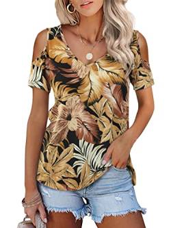 Amoretu Damen Kurz/Langarm Cold Shoulder Basic Tee Tops Shirts, A: gelbe Blume, XX-Large von Amoretu