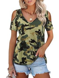 Amoretu Damen Kurz/Langarm Cold Shoulder Basic Tee Tops Shirts, B: Camouflage, Groß von Amoretu