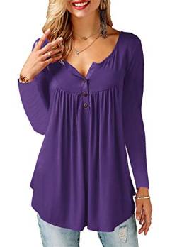 Amoretu Damen Oberteile Basic V-Ausschnitt Langarm T-Shirt Tunika Bluse Top Violett S von Amoretu