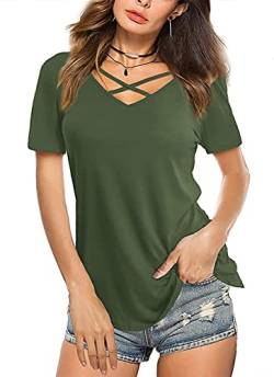 Amoretu Damen Sommer Kurzarm t-Shirt Shirts mit v-Ausschnitt Criss Cross Tops xx-Large a-olivgrün von Amoretu