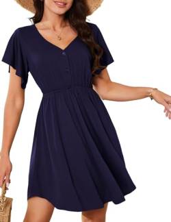 Amoretu Damen Sommerkleid Kurzarm Kleider Einfarbig A-Linie Kleid mit Rüschenärmel Marineblau XL von Amoretu