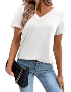 Amoretu Damen Tunika Sommer V Ausschnitt T-Shirt Freizeit Shirt Tops Weiß XL von Amoretu