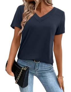 Amoretu Kurzarm T-Shirt Damen Sommer V Ausschnitt Shirts Lose Tunika Tops Marineblau L von Amoretu