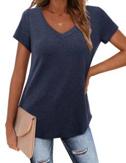 Amoretu Longshirt Damen Kurzarm Sommer V Ausschnitt Shirts Weit Tunika Tops Marineblau XL von Amoretu