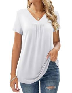 Amoretu Longshirt Damen Lässige Tops Kurzarm Tunika Basic V Ausschnitt Tshirt, Weiß XXL von Amoretu