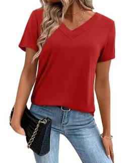 Amoretu Oberteile Damen Sommer V-Ausschnitt Elegant Tshirt Locker Tops Rot L von Amoretu