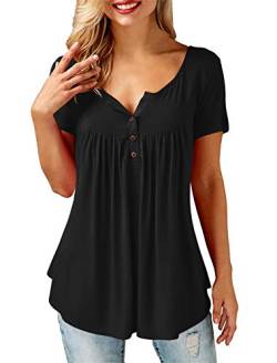 Amoretu Oberteile Damen T Shirt Kurzarm Sommer V-Ausschnitt Bluse Tunika Casual Tops mit Knöpfe Schwarz XXL von Amoretu