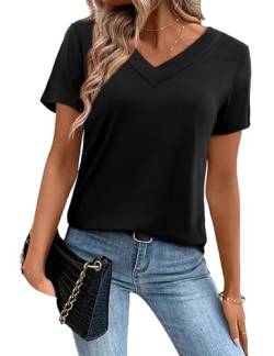 Amoretu Shirt Damen Sommer T-Shirt V Ausschnitt Plissee Longshirt Schwarz M von Amoretu