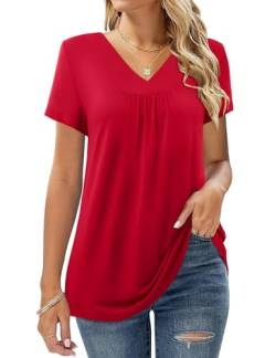 Amoretu Shirt Damen Sommer V Ausschnitt T-Shirts Kurzarm Einfarbig Longshirt, Rot XXL von Amoretu