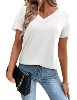 Amoretu Shirt Damen Sommer V Ausschnitt T-Shirts Lose Longshirt Bluse Weiß L von Amoretu