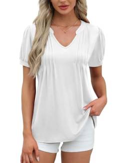 Amoretu Shirt Damen Sommer V Ausschnitt Tunika Tops Elegant Plissee Blusenshirt Weiß L von Amoretu