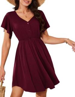 Amoretu Shirtkleid Damen Sommer Kurzarm Kleider Lässig Rüschen Ärmel Minikleid Weinrot M von Amoretu